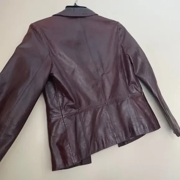 Y2K 90’s CHEVIGNON TRUCKER JACKET BLAZER COW GRAIN LEATHER MAROON SZ L VERSATILE - Picture 12 of 16